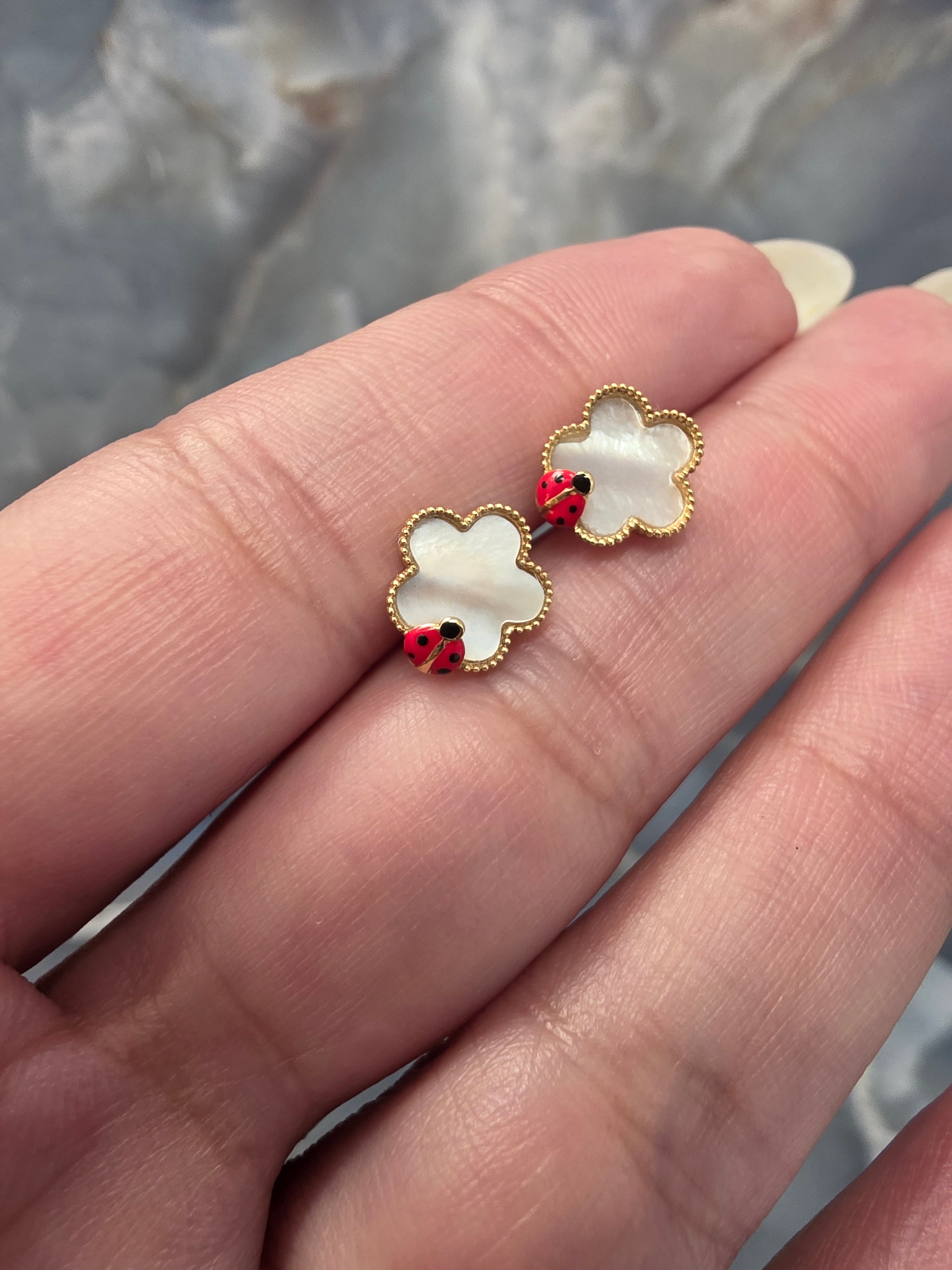 Mother of Pearl Clover Ladybug Earrings 180