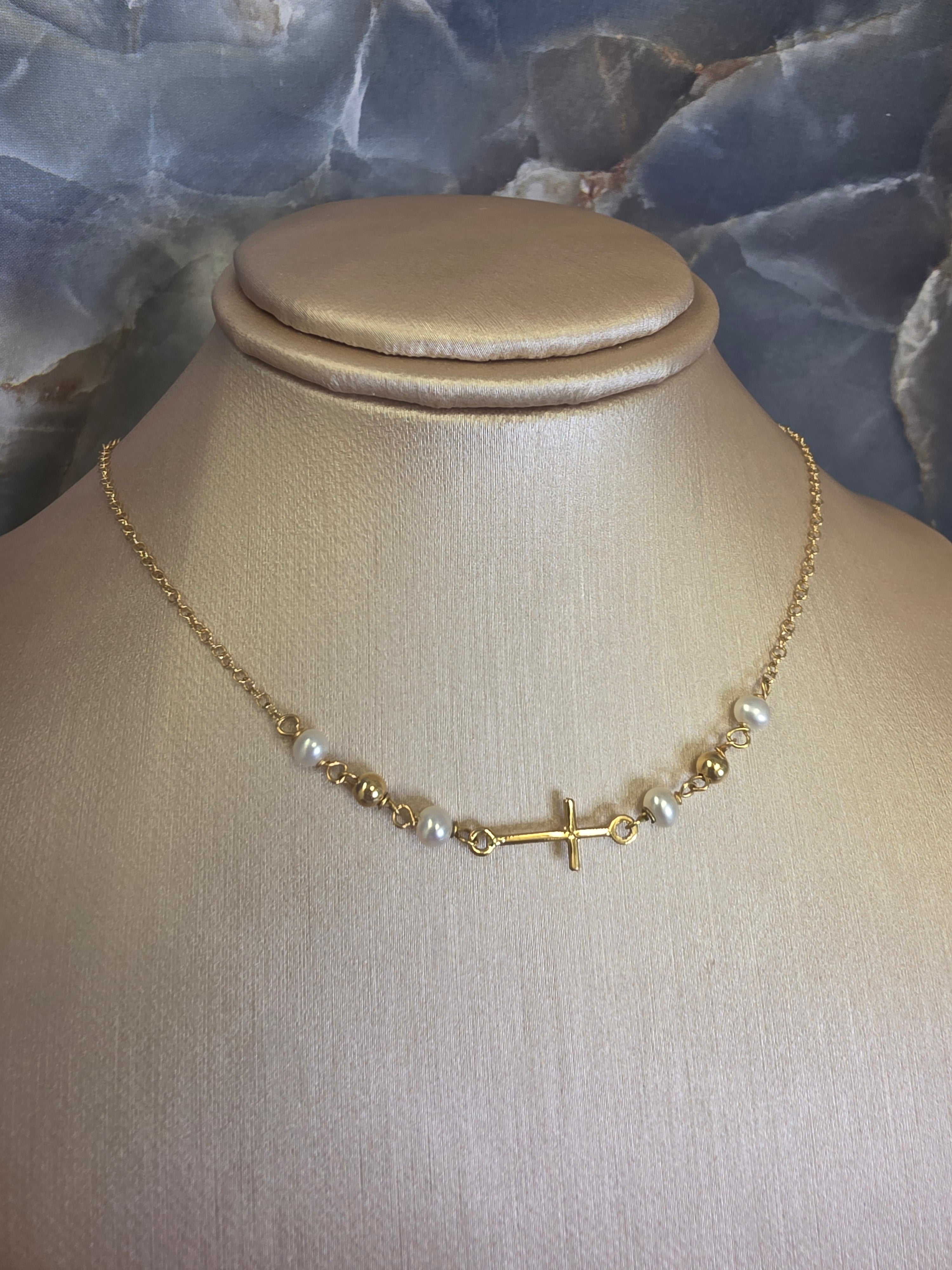 Gold Cross & Pearl Necklace 218